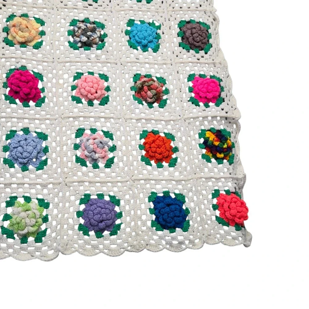 Vintage 3D Crochet Granny Square Blanket Floral White Handmade Afghan Throw